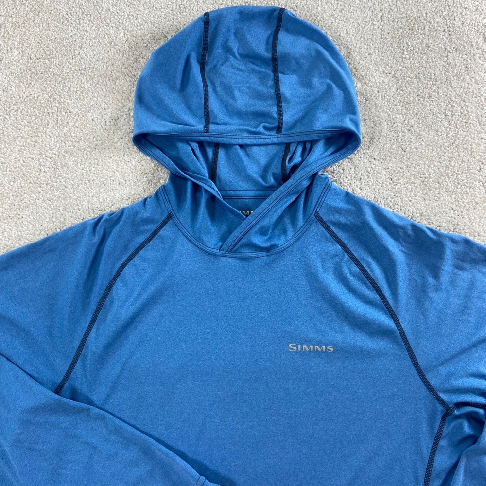Simms SolarFlex Hoodie Mens Medium Blue UPF 50 Fishing Sun Shirt Raglan Sleeve